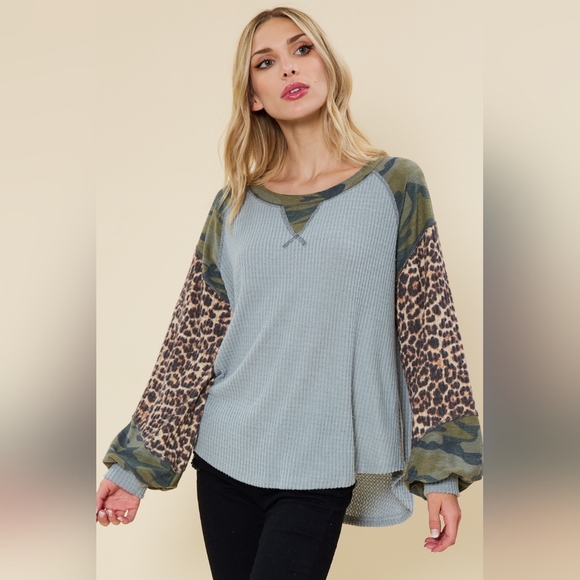 Patchwork Animal Print Camo Thermal Long Sleeve Tee Top Grey - Picture 2 of 3